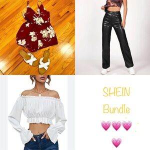 SHEIN Burgundy Floral Dress and Black Leather pants white top  bundle size M & L